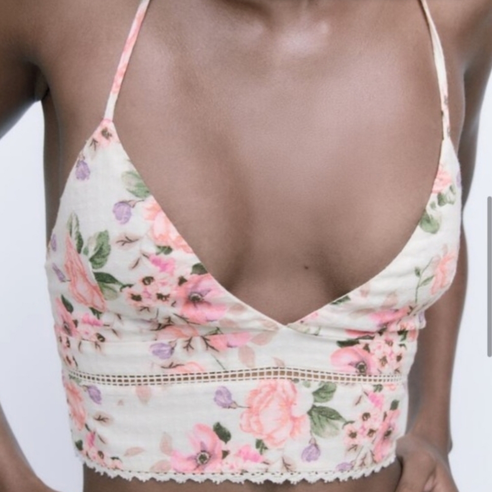 NWT Zara White Floral Cropped Top Size Small